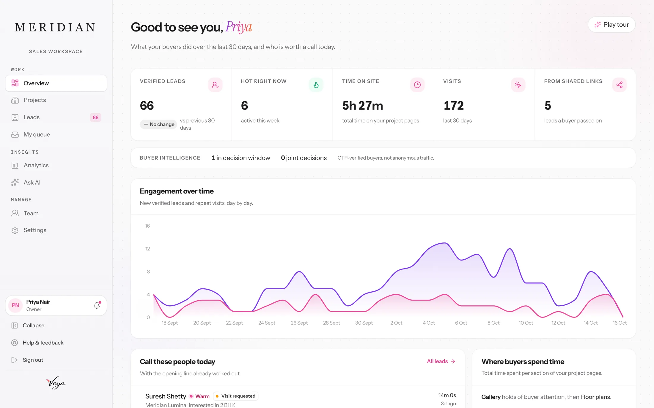 Veya sales workspace overview: 66 verified leads, 6 hot right now, 5h 27m total time on project pages, 172 visits, 5 leads from shared links and a 30 day engagement chart.