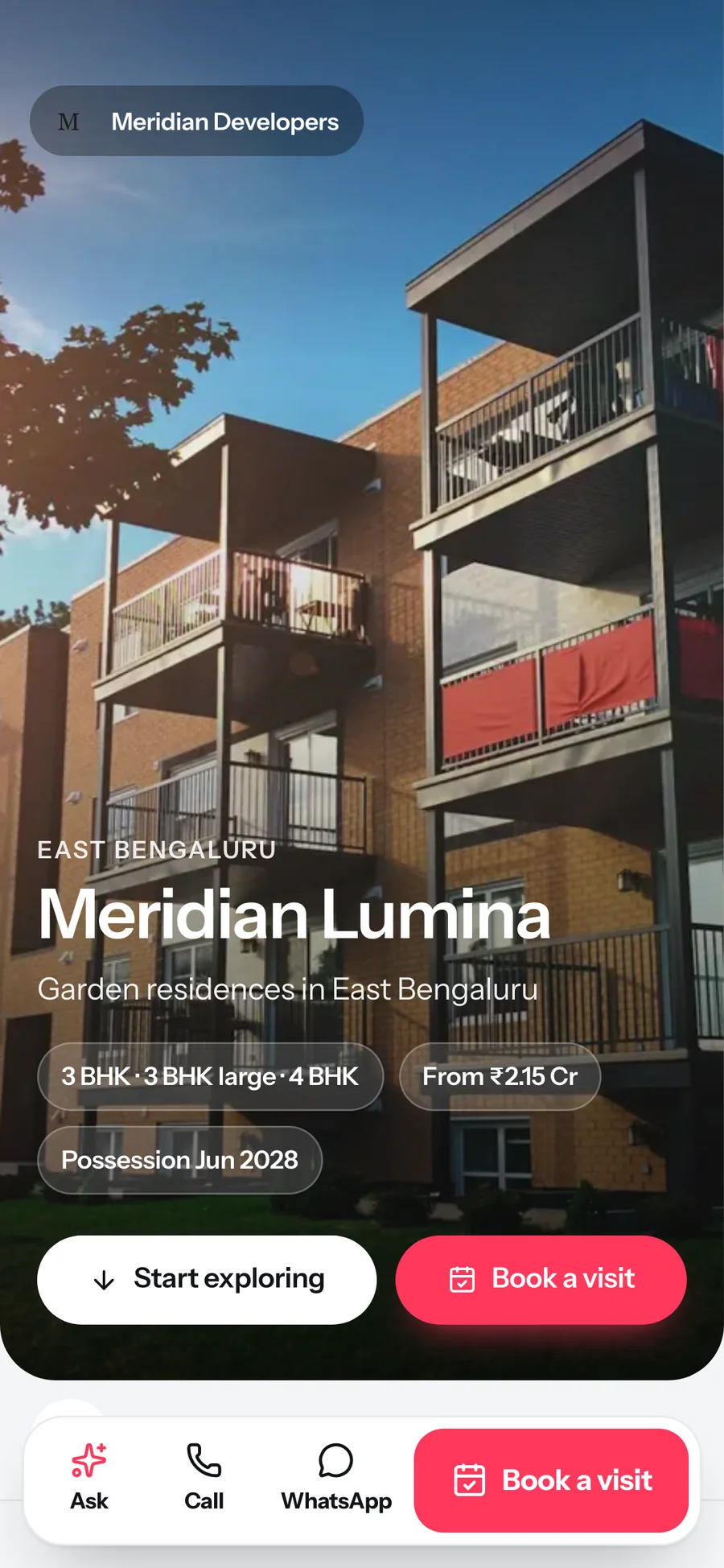 Buyer project page on a phone: Meridian Lumina, garden residences in East Bengaluru, 3 and 4 BHK homes from ₹2.15 Cr, with Start exploring and Book a visit buttons.